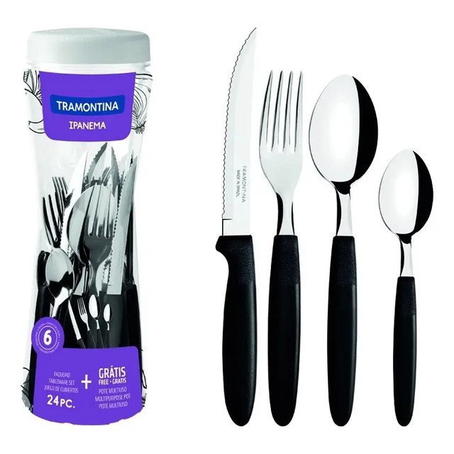 Faqueiro Ipanema Aço Inox E Cabo 24 Peças Preto Tramontina Faqueiro Ipanema Aço Inox E Cabo 24 Peças Preto Tramontina