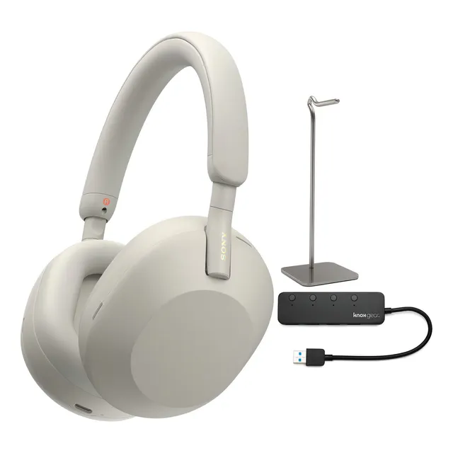 Auriculares inalámbricos Sony WH-1000xM5 con cancelación de ruido (plateados) con conector USB y soporte para auriculares