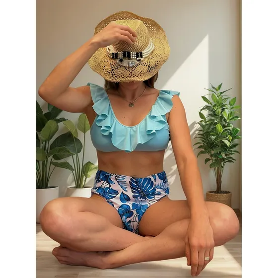 Bikini Mallas Tiro Alto 2 Piezas Push Up Uniteduy Celeste