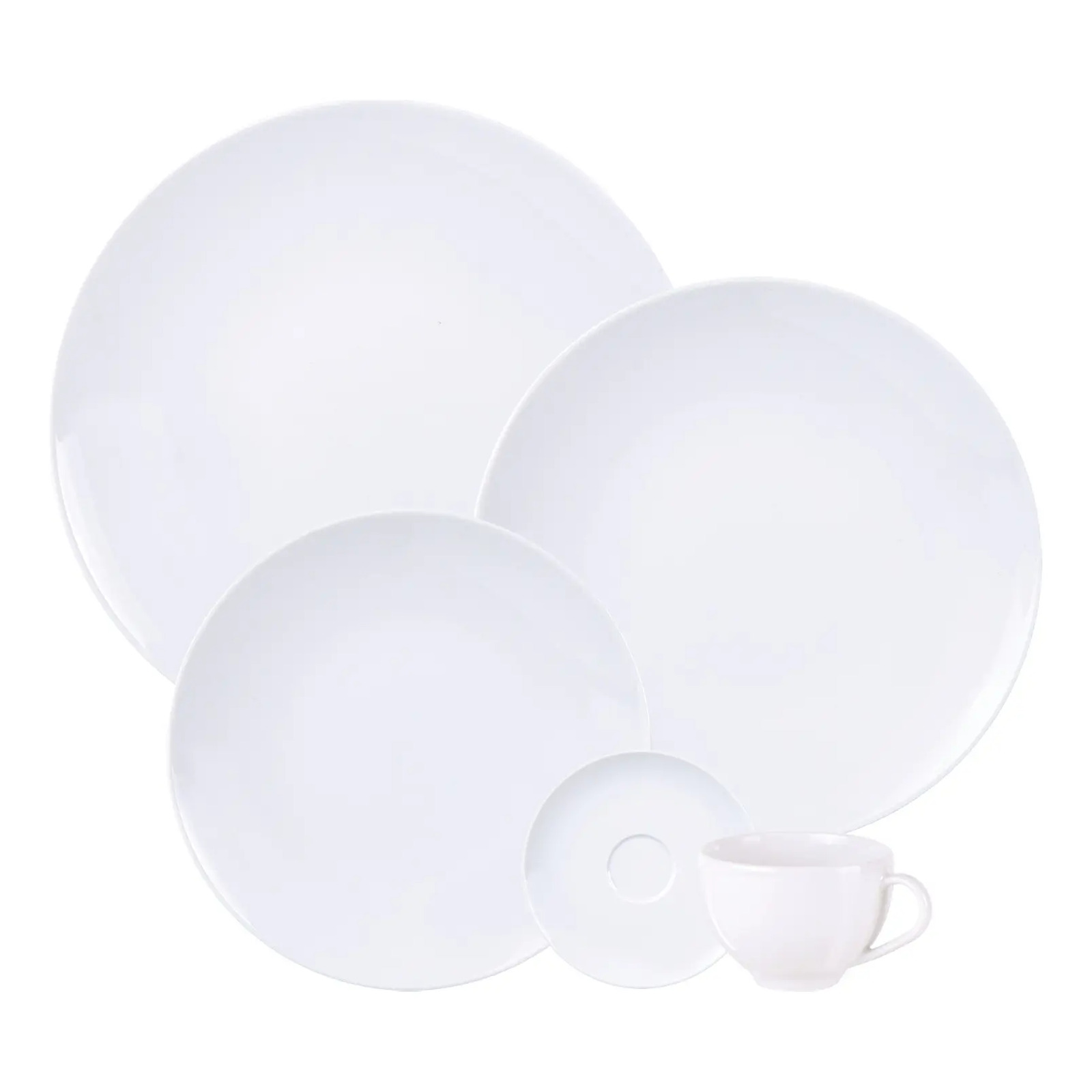Aparelho de jantar Tramontina Flávia com 20 peças de porcelana branca, incluindo pratos e xícara com pires dispostos sobre fundo branco.