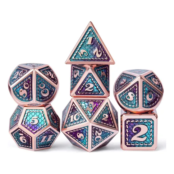 Juego De Dados Metalico De 7 Piezas En Teal Y Púrpura