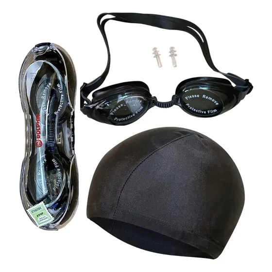 Antiparras Lente Natación + Gorro Lycra Estuche Tapones Oído Color Negro 832