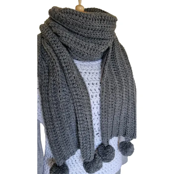 Bufanda Con Pompones Tejida A Crochet Gris Tejido Único