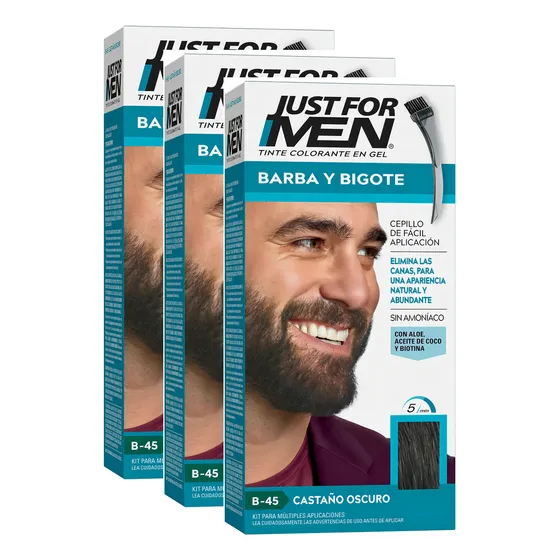 Kit 3 unidades Tintura Colorante en Gel Just For Men Barba y Bigote tono Castaño Oscuro Cobertura de Canas 28ml c/u sin amoniaco