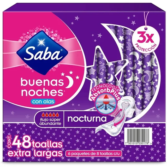 Toallas Femeninas Saba Buenas Noches Nocturna C/alas 48 Pzs