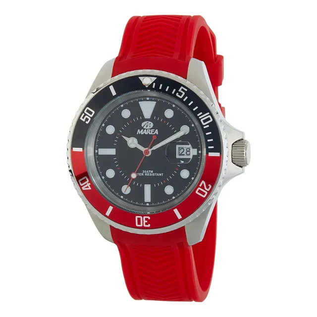 Reloj Pulsera Análogo Marea Watch Sumergible Correa Rojo Bisel Plateado Fondo Rojo