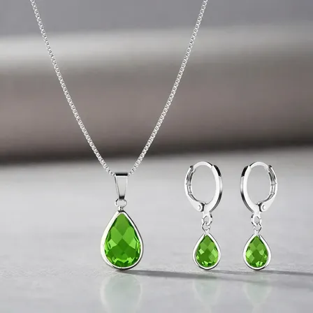 Conjunto Colar E Brinco Gota Verde Folheado A Prata 925 Prata 925/verde