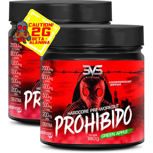 2 Unidades Do Pré Treino Prohibido 180g - Sabor: Green Apple - Fórmula Exclusiva Com Creatina, Beta Alanina, Taurina, Cafeína, Arginina, L-tirosina, Palatinose E  L-alanina