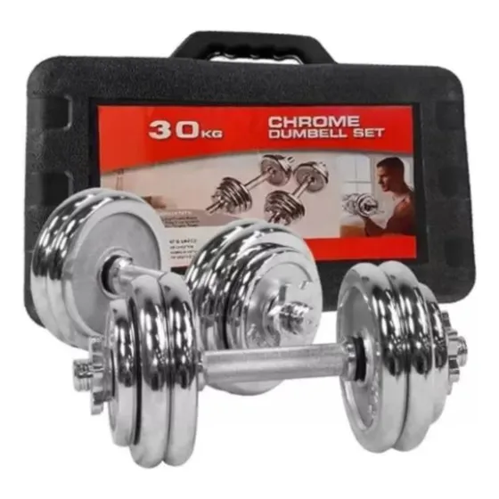 Set De Mancuernas Cromadas Ajustables De 30kg + Maletín Plata