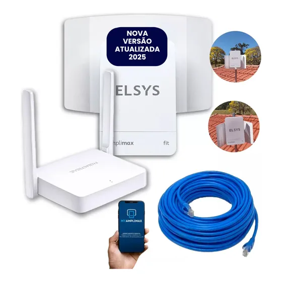 Kit Amplimax Fit Internet Roteador Potente E Kit Cabo 15m Eisys AMPLIMAX FIT