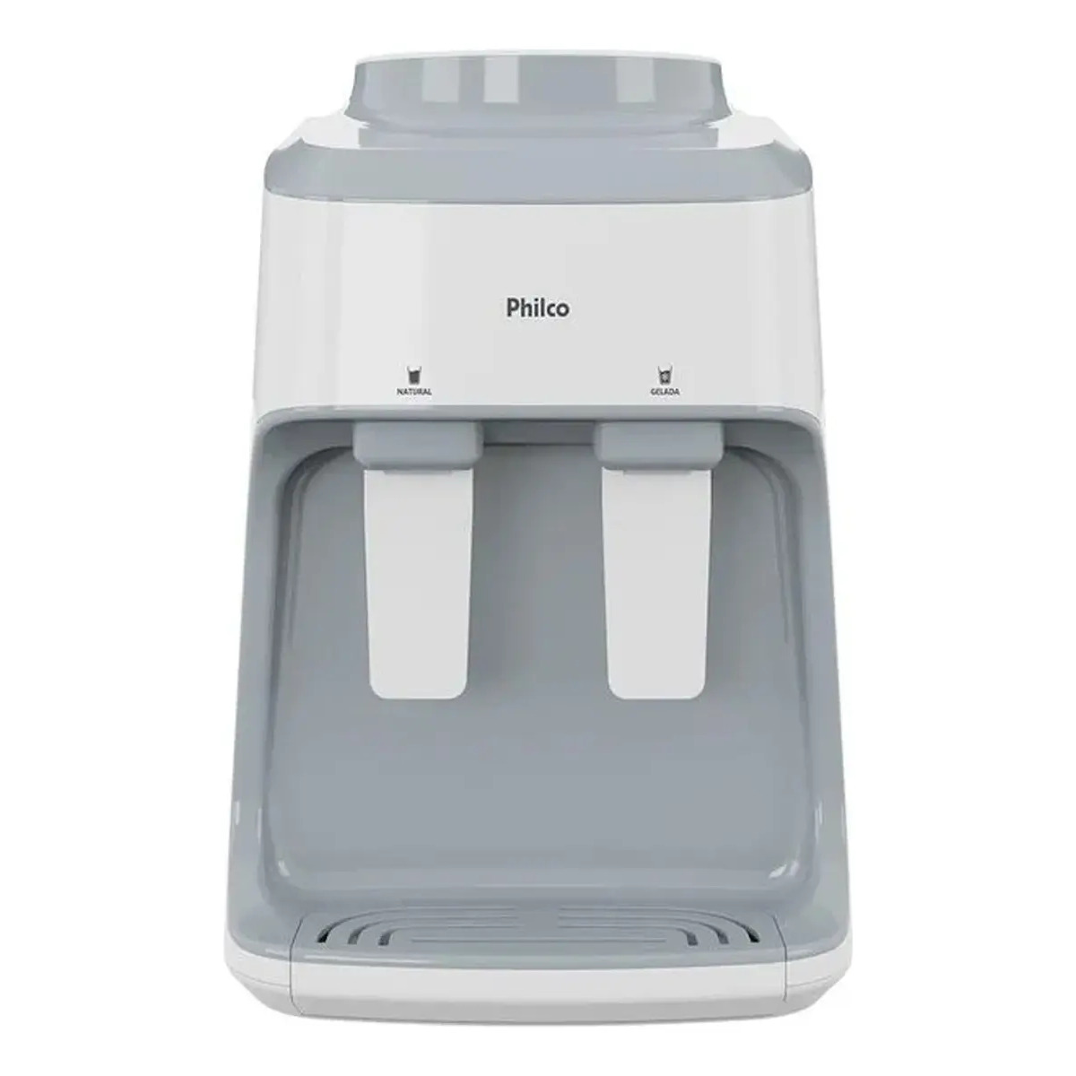 Bebedouro de mesa Philco PBE15B na cor branca com detalhes em cinza, apresentando duas torneiras para água natural e gelada
