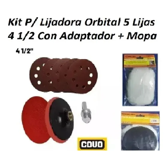Kit P/ Lijadora Orbital 5 Lijas 4 1/2 Con Adaptador + Mopa