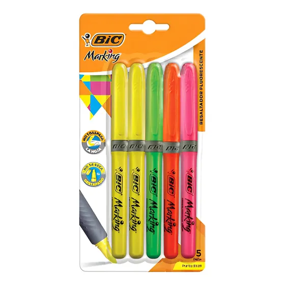 Plumones Marcatextos Bic Marking Con Grip Punta Cincel 5 Pz