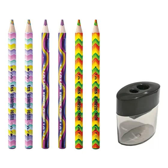 Kit 6 Lápis De Cor Jumbo Rainbow Sortido + Apontador Duplo