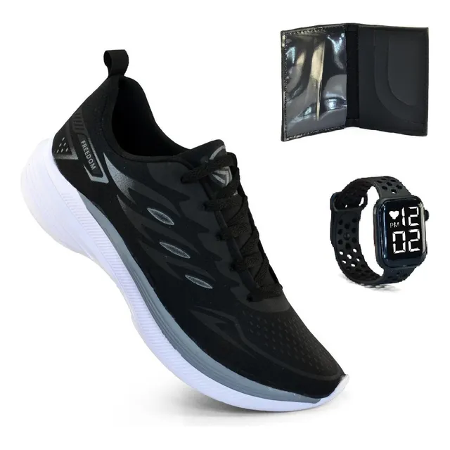 Tênis Masculino Esportivo Academia Treino + Carteira Relogio