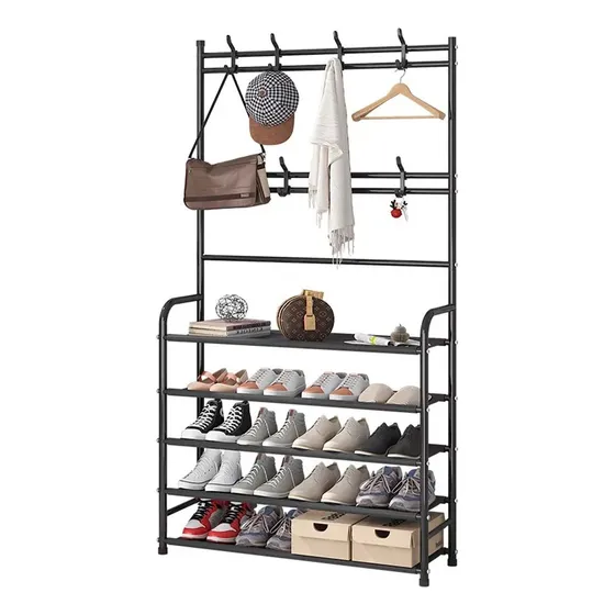Rack Perchero Colgador JAZAK Zapatero Organizador 5 Niveles Estantes con Ganchos De Ropa Armable Resistente Color Negro