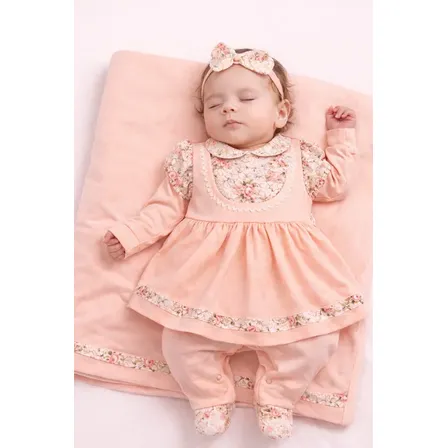 Saída Maternidade Menina Carol Floral 5 Peças Roupas De Bebê Salmão P