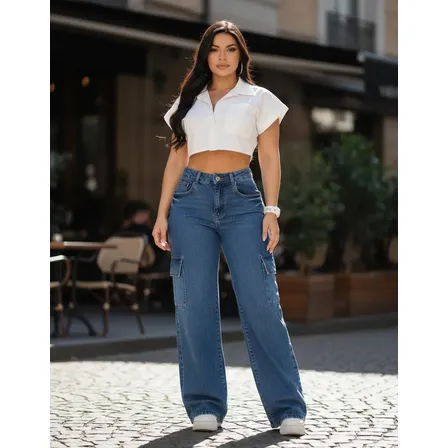 Calça Jeans Feminina Cargo Levanta Bumbum Cintura Alta