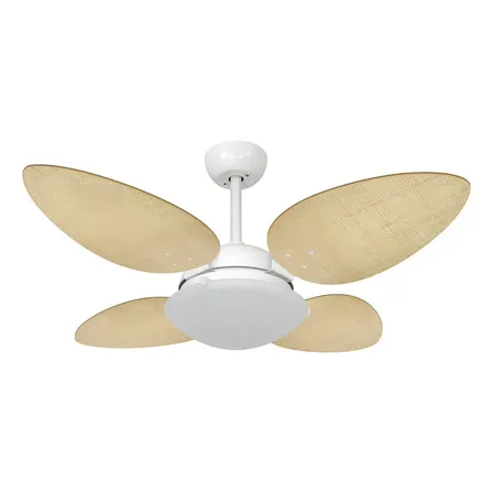 Ventilador De Teto Branco Vidro Aberto 4 Pétalas Ratan Palha