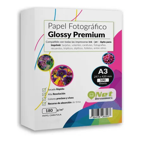 Papel Fotográfico Glossy A3 180 Gr Pack 100 Hojas