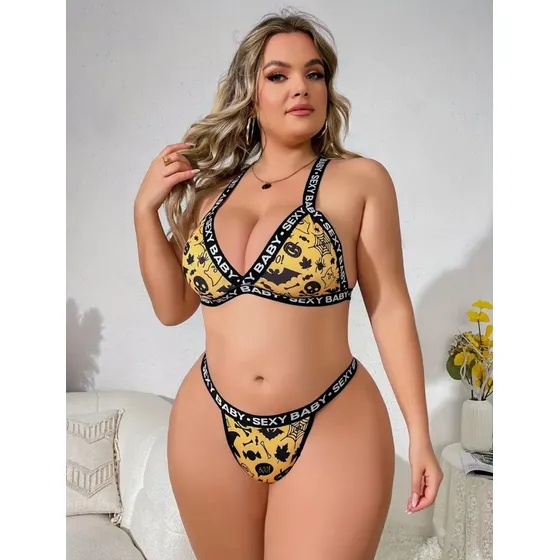 Conjunto Lenceria Sexy Deportivo Elástico Con Estampado Amarillo 2xl
