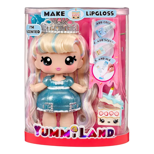 Muñeca Yummiland Callie Birthday Cake Perfumada con Kit de Brillo Labial DIY
