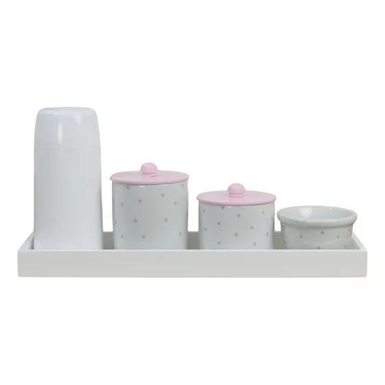 Kit Higiene Bebê Moderno Bandeja Porcelana Poá Rosa Térmica