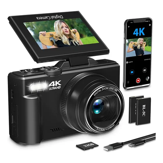 Cámara 4k, 64mp, Pantalla 7,62cm, Zoom Digital 18x, Wifi