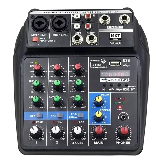 Console Mídia Mixing MX-4BT DJ 2 Microfones Bluetooth USB Som PC MP3 Pendrive