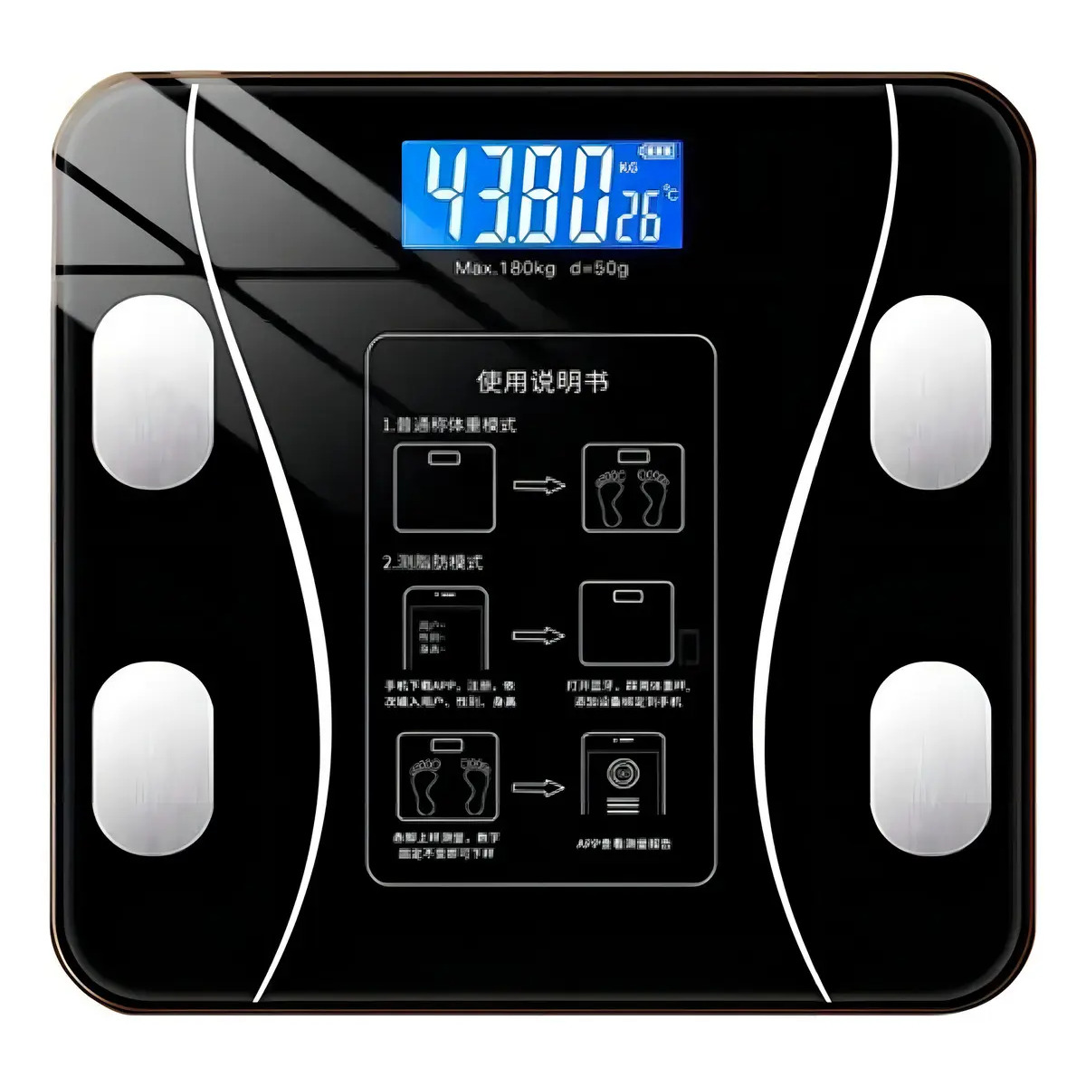 Balança digital de bioimpedância na cor preta com visor LCD azul e instruções de uso impressas na superfície de vidro