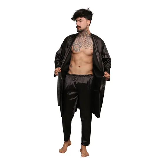 Conjunto Robe Roupão De Cetim Masculino Longo Com Calça Luxo