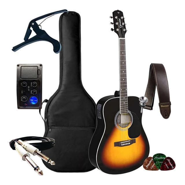 Kit Violão Elétrico Giannini Aço Folk Afinador + Acessórios