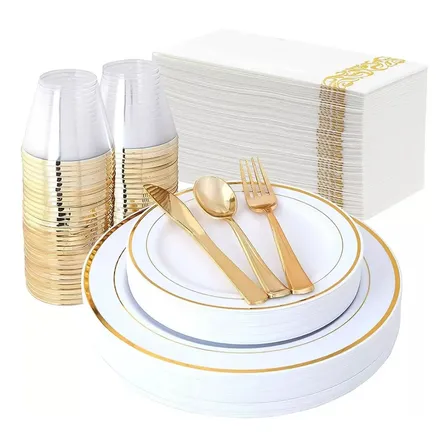Platos Desechables Elegantes Fiesta 10 Personas 70 Pcs Gold