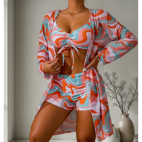 Juego De Traje 3 Piezas De Baño Bikini Para Mujer Con Abrigo