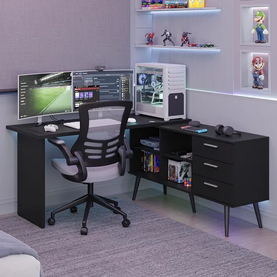 Mesa Para Computador Gamer Em L 3 Gavetas Lisboa Madesa P
