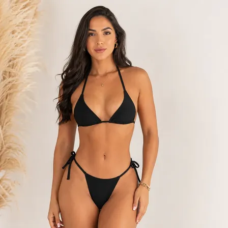 Biquíni Feminino Cortininha Preto Calcinha De Amarrar Preto Lisa Unico