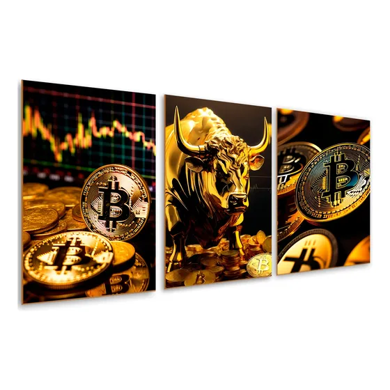Kit 3 Quadros Decorativos Mdf Bitcoin Cripto Trader Ouro