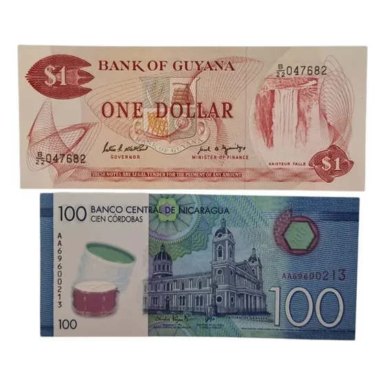 Lote 2 Billetes Guyana 1 Dolar , Nicaragua 100 Cordobas