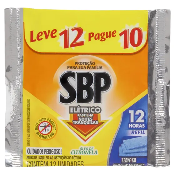 Repelente Pastilha Elétrico Óleo de Citronela SBP Noites Tranquilas Pacote Leve 10 Pague 12 Unidades Refil