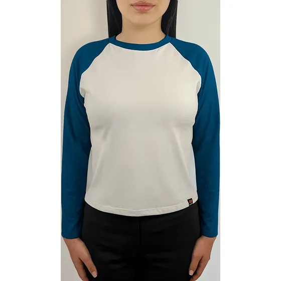 Camiseta Ranglan Raglan Manga Larga Curva Premium Hueso Azul
