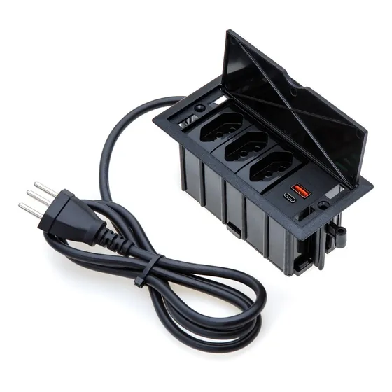 Caixa De Tomada 4 Blocos 3 Tomadas 20a 2 Usb 3.5a 1 Tipo C Cor Preto