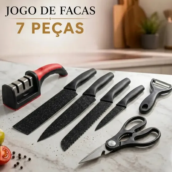 Jogo de Facas Conjunto 6 Peças Aço Inox Afiador Preto Cozinha Churrasco Aquattro