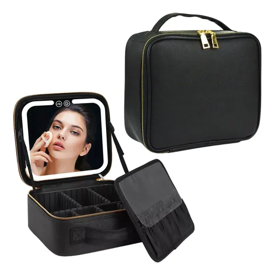 Neceser Con Luz Led Maquillaje Maletín Organizador Espejo Negro