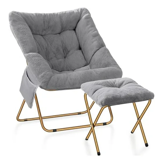 Sillón Plegable De Felpa Gris Para Lectura Y Descanso