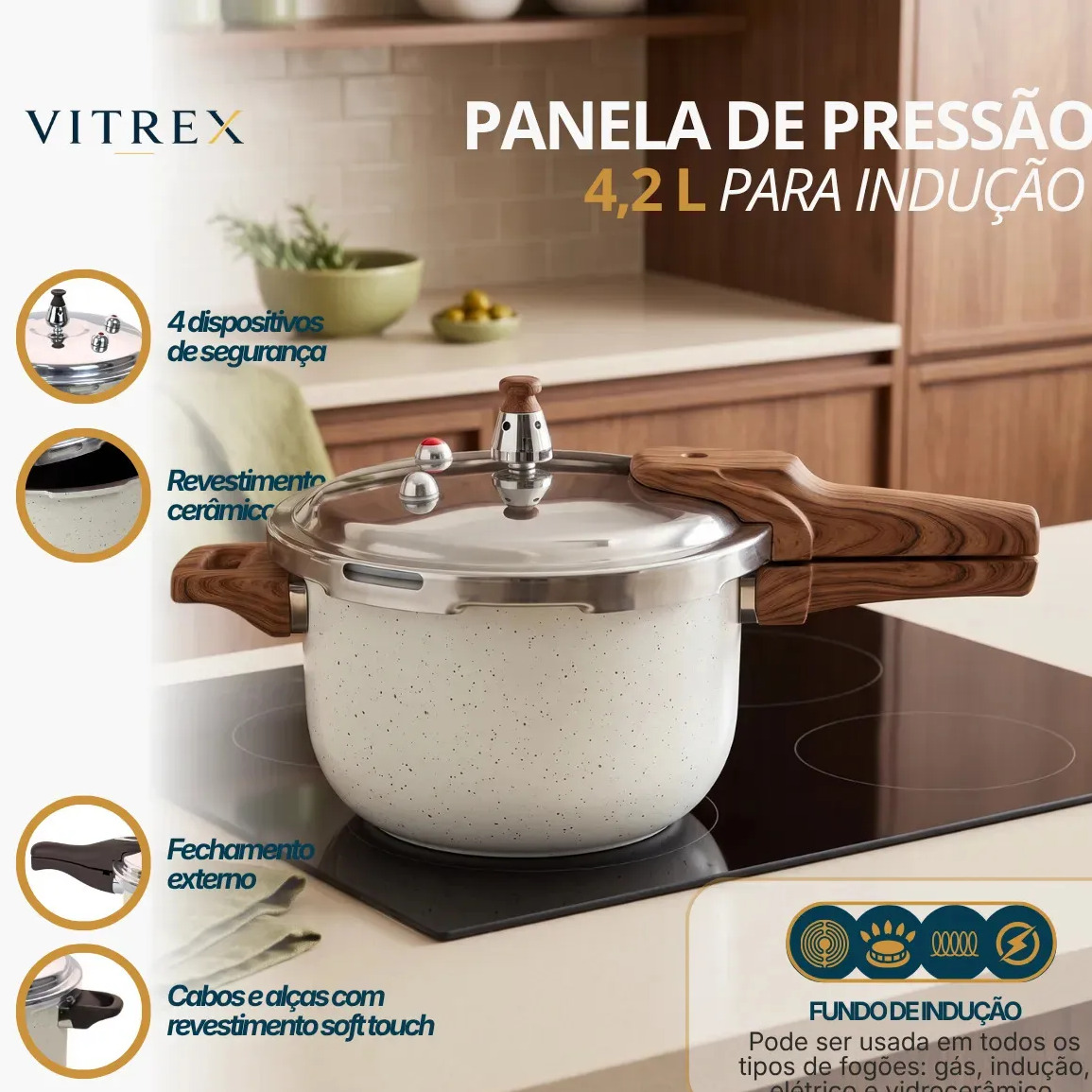 Panela de Pressao Inducao 4,2L com Seguranca e Ceramica