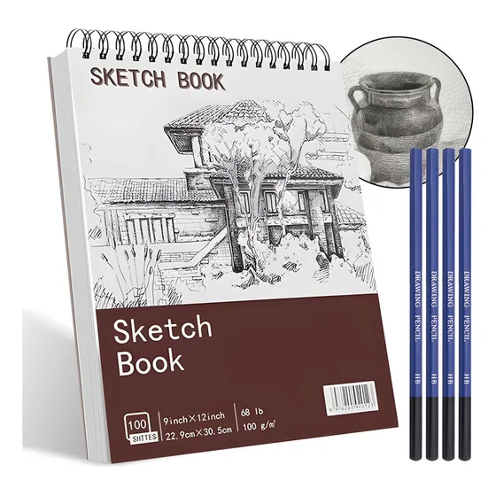 Cuaderno A4+ De Boceto Y Dibujo 200 Páginas Blank Sketchbook Color Terracota (Contiene 4 lápices de dibujo)