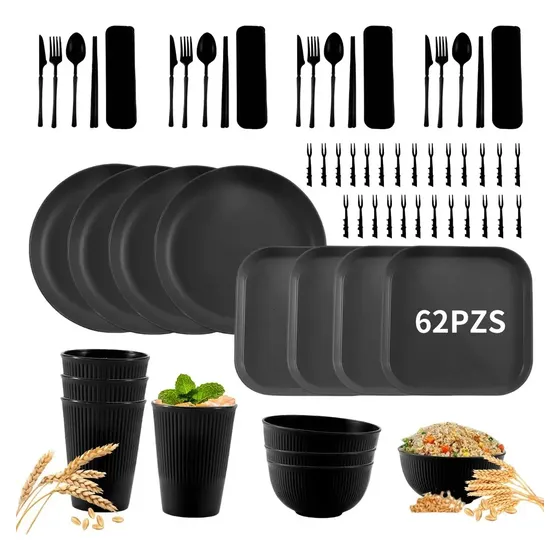 62pcs Vajilla Juego Cocina Paja Trigo Plato Tazas Kit Negro Negro