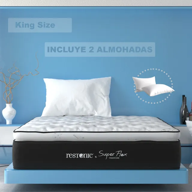 Colchón King Size Restonic One Flex Ortopédico | Hipoalergénico Tecnología Never Turn + 2 Almohadas | Comfort Y Descanso