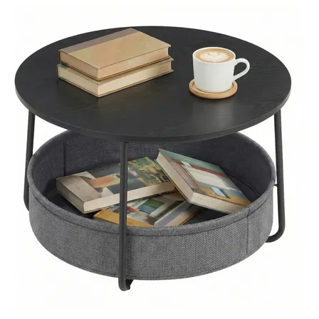 Mesa De Centro Redonda Com Cesto De Tecido Cor Preto