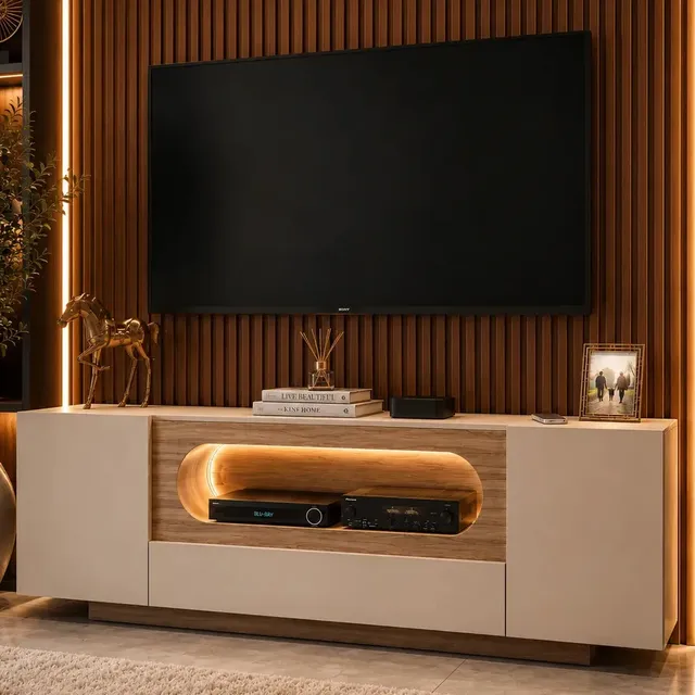 Rack Tv Off White Com Nicho Curvo Com Led Amadeirado